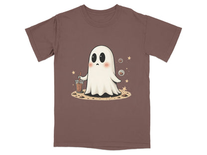Ghost with Drink and Stars Halloween Cute Art T-Shirt - IconVexa
