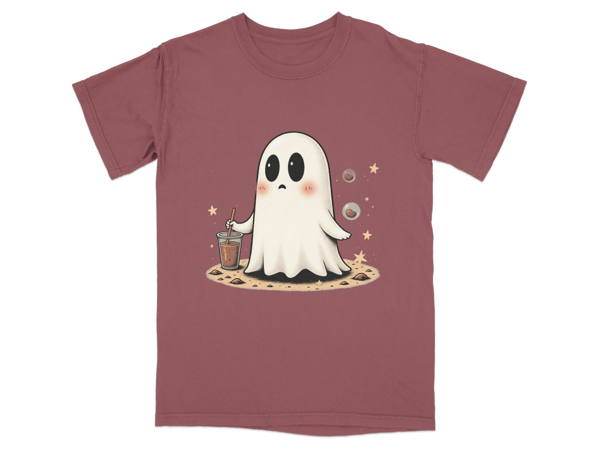 Ghost with Drink and Stars Halloween Cute Art T-Shirt - IconVexa