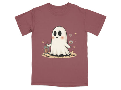 Ghost with Drink and Stars Halloween Cute Art T-Shirt - IconVexa
