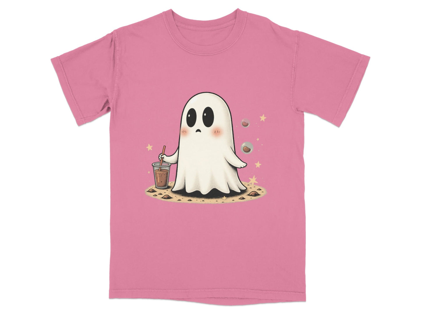 Ghost with Drink and Stars Halloween Cute Art T-Shirt - IconVexa
