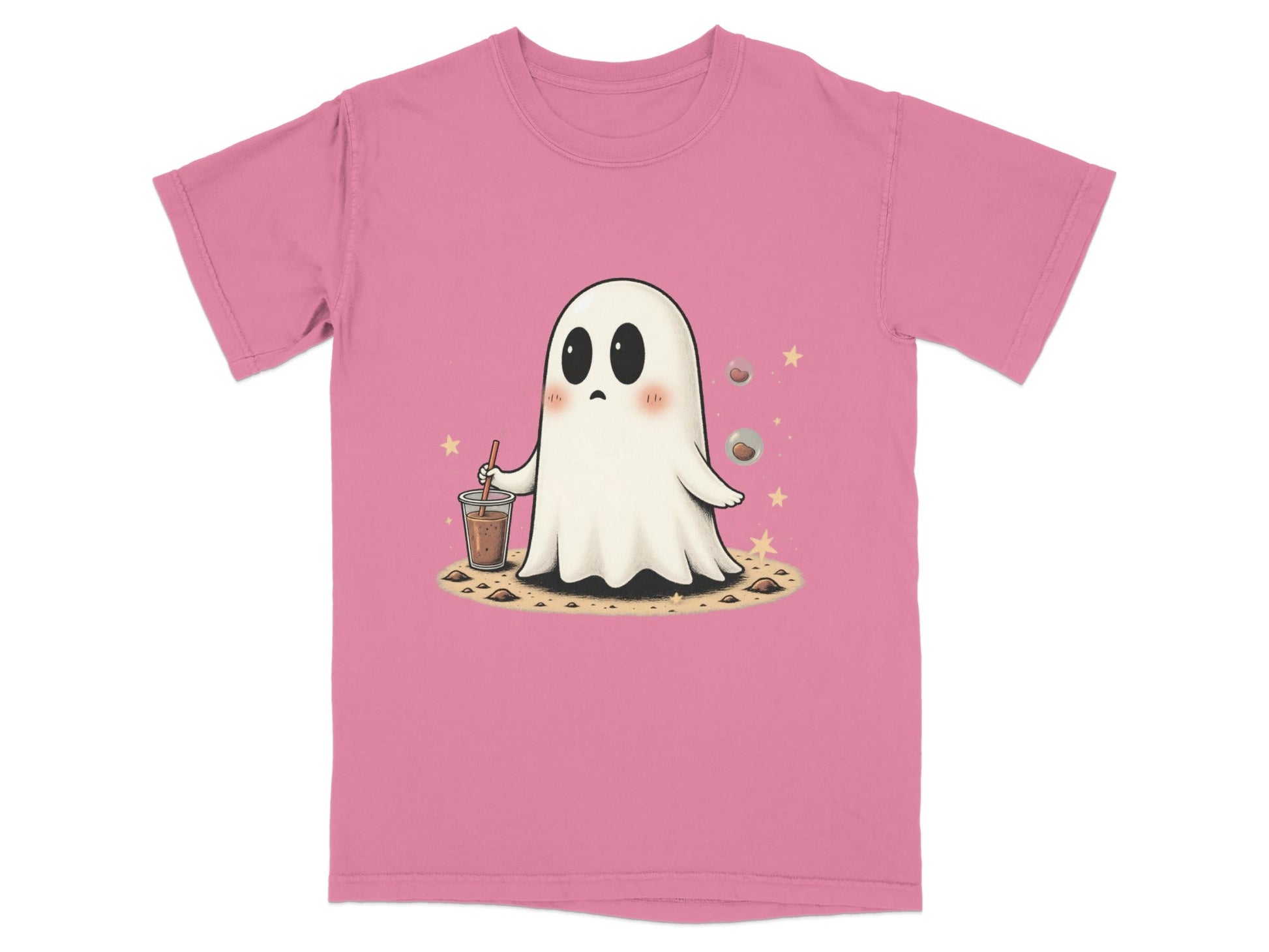 Ghost with Drink and Stars Halloween Cute Art T-Shirt - IconVexa