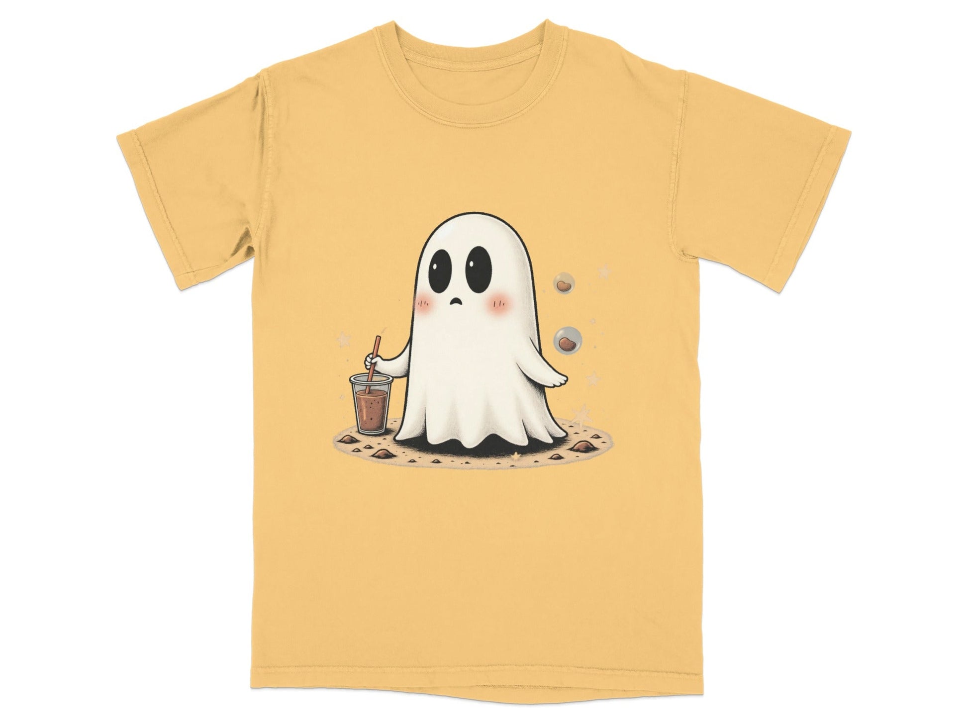 Ghost with Drink and Stars Halloween Cute Art T-Shirt - IconVexa