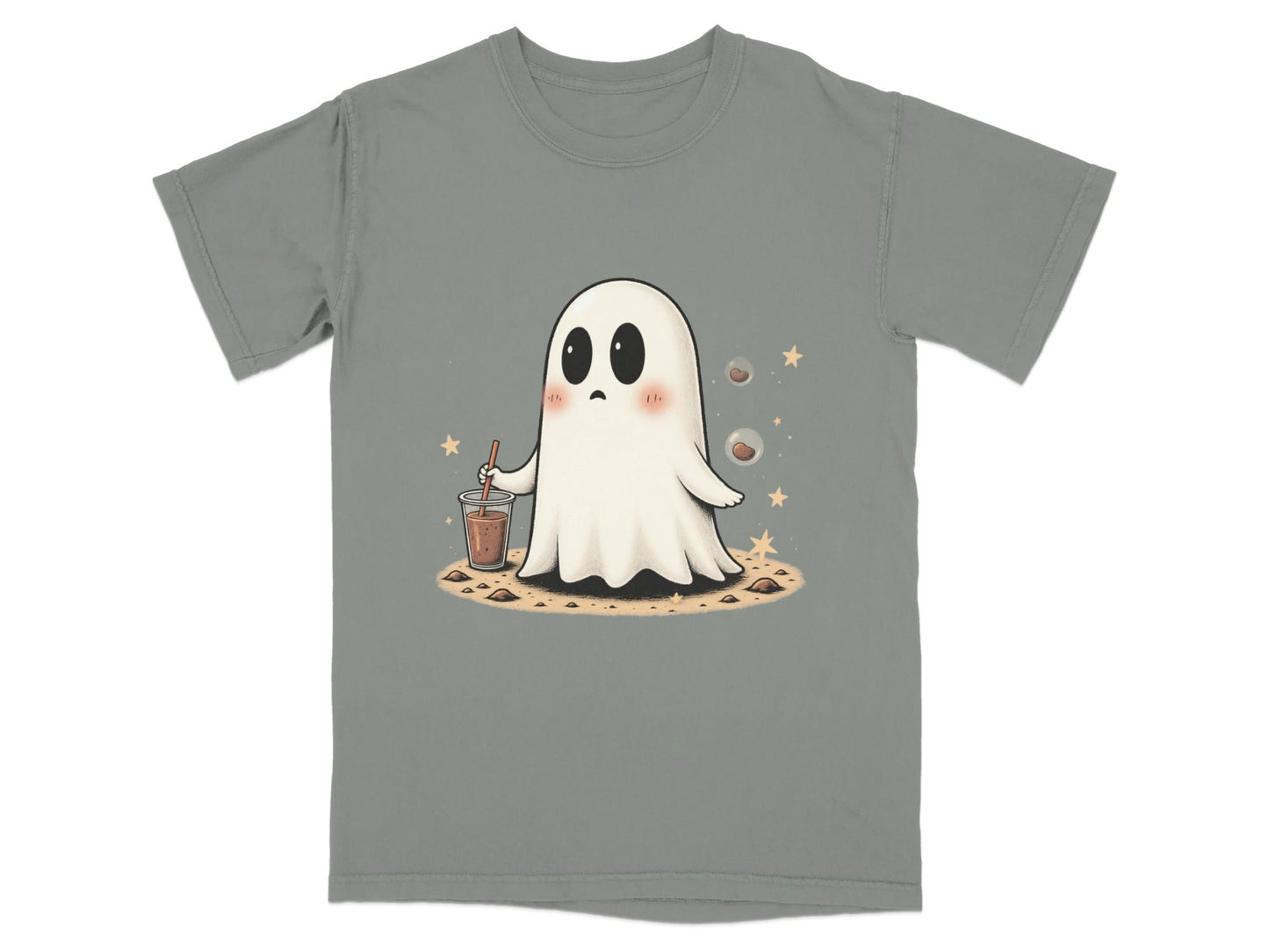 Ghost with Drink and Stars Halloween Cute Art T-Shirt - IconVexa