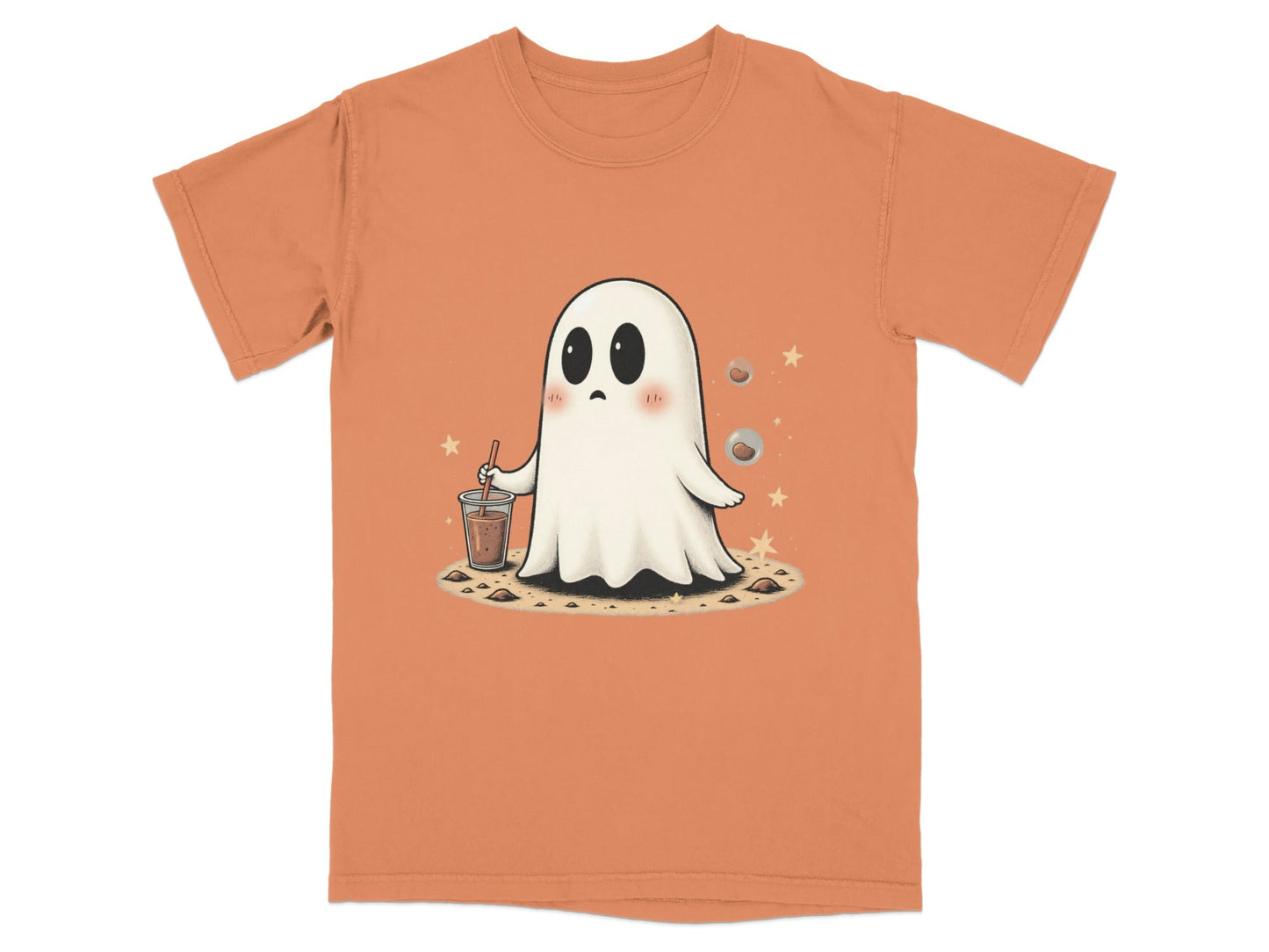 Ghost with Drink and Stars Halloween Cute Art T-Shirt - IconVexa