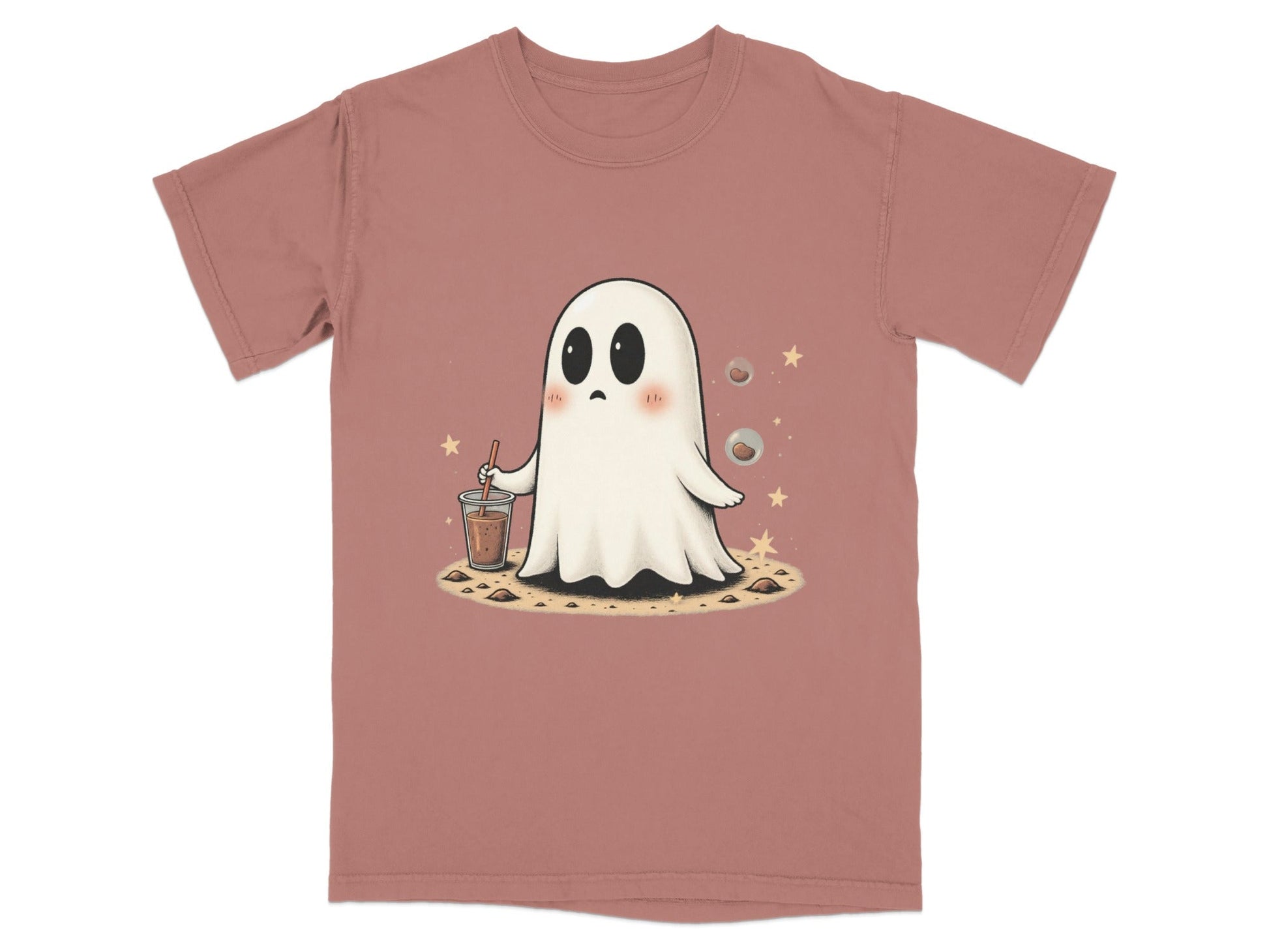 Ghost with Drink and Stars Halloween Cute Art T-Shirt - IconVexa