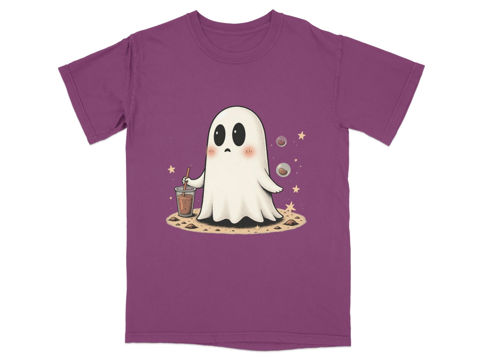 Ghost with Drink and Stars Halloween Cute Art T-Shirt - IconVexa