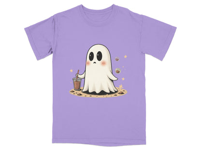 Ghost with Drink and Stars Halloween Cute Art T-Shirt - IconVexa