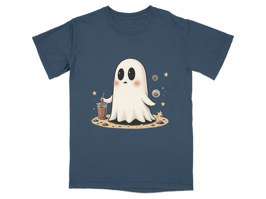Ghost with Drink and Stars Halloween Cute Art T-Shirt - IconVexa