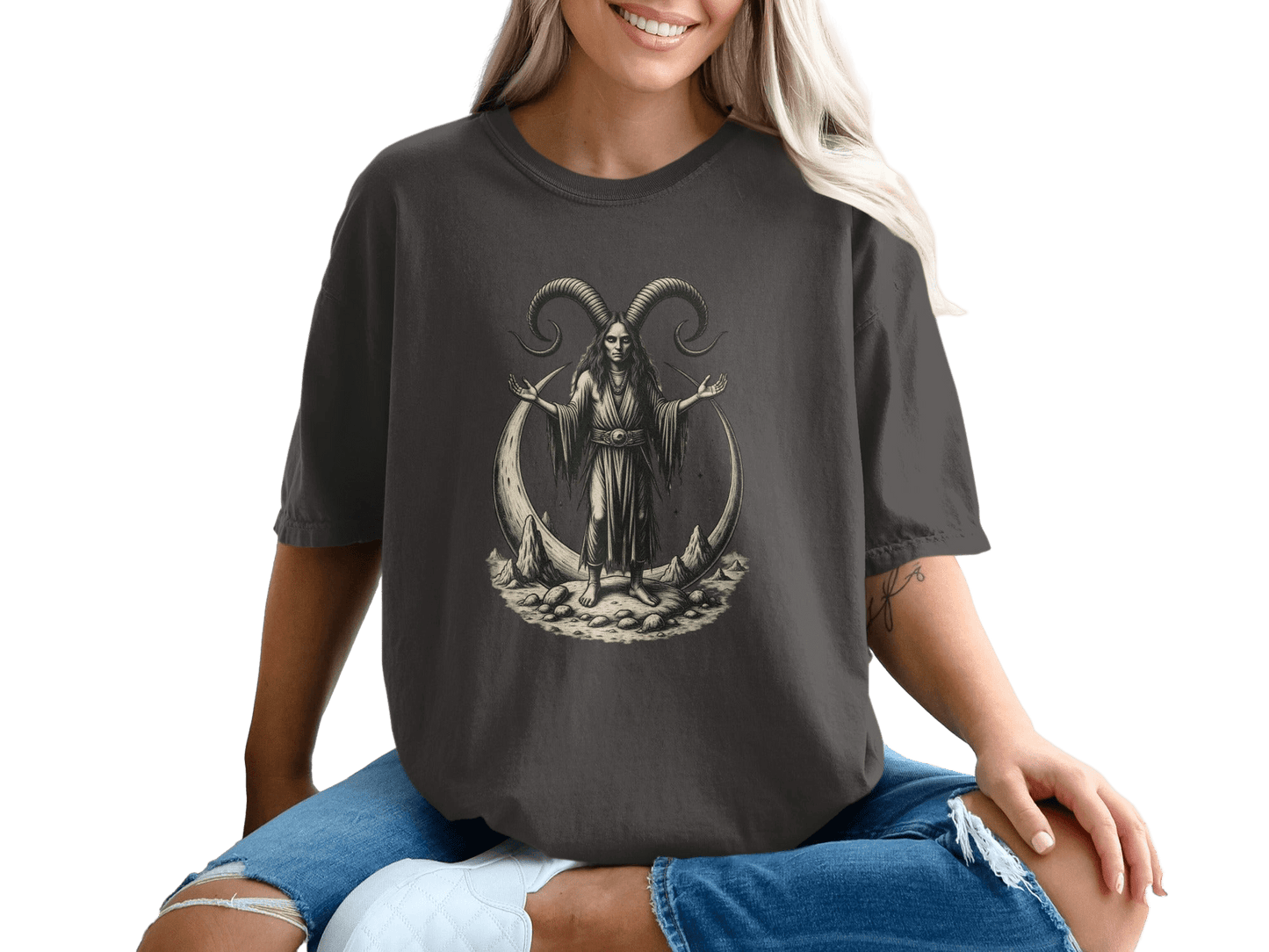 Goat Horned Goddess Mystic Moon Phase Graphic Design T-Shirt - IconVexa
