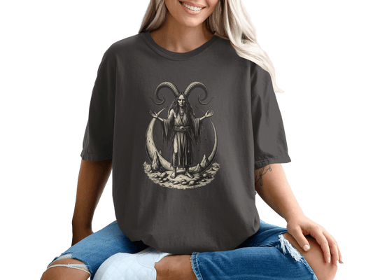 Goat Horned Goddess Mystic Moon Phase Graphic Design T-Shirt - IconVexa
