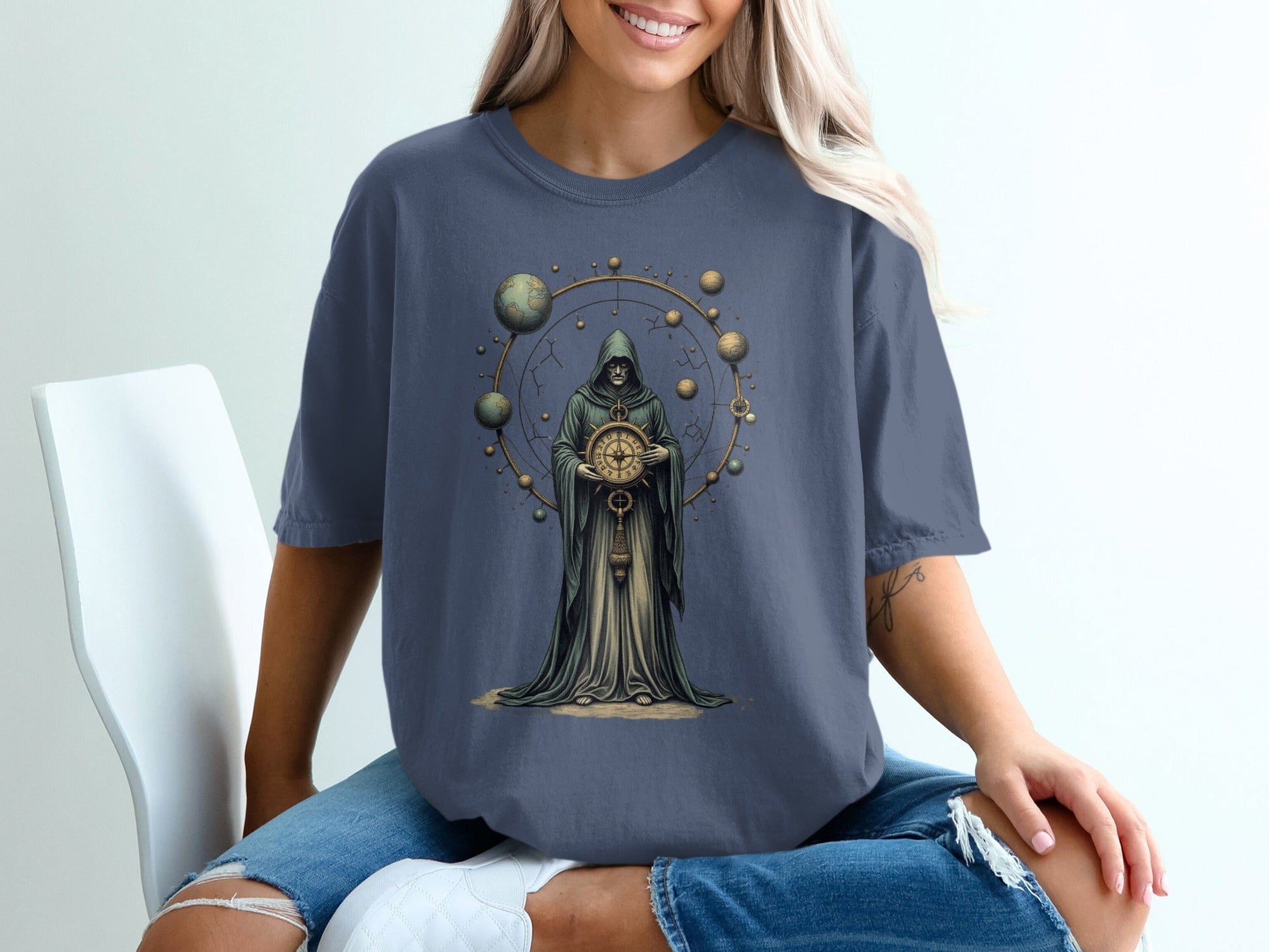 Grim Reaper Holding Compass and Planets Graphic T-Shirt - IconVexa