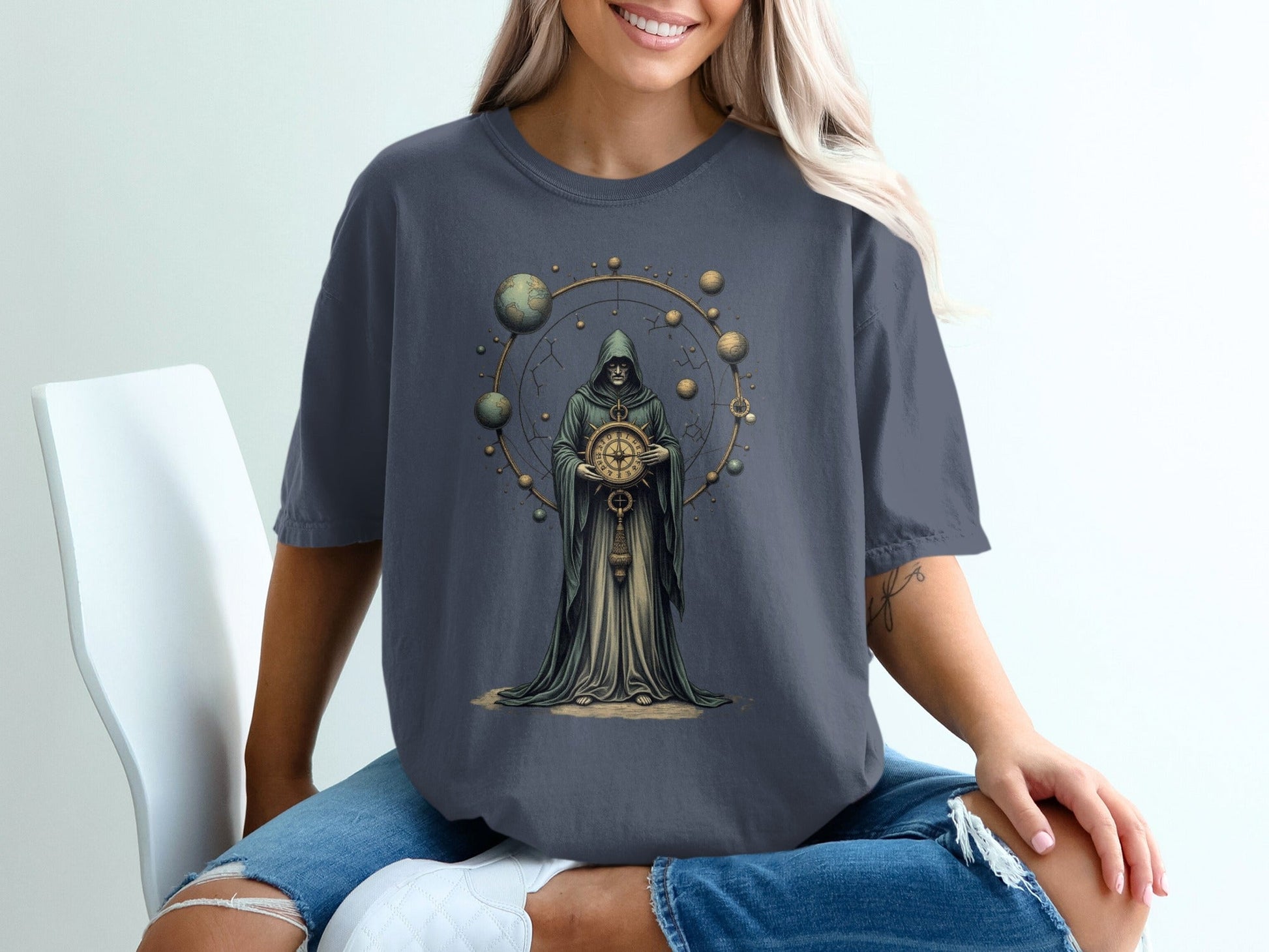 Grim Reaper Holding Compass and Planets Graphic T-Shirt - IconVexa