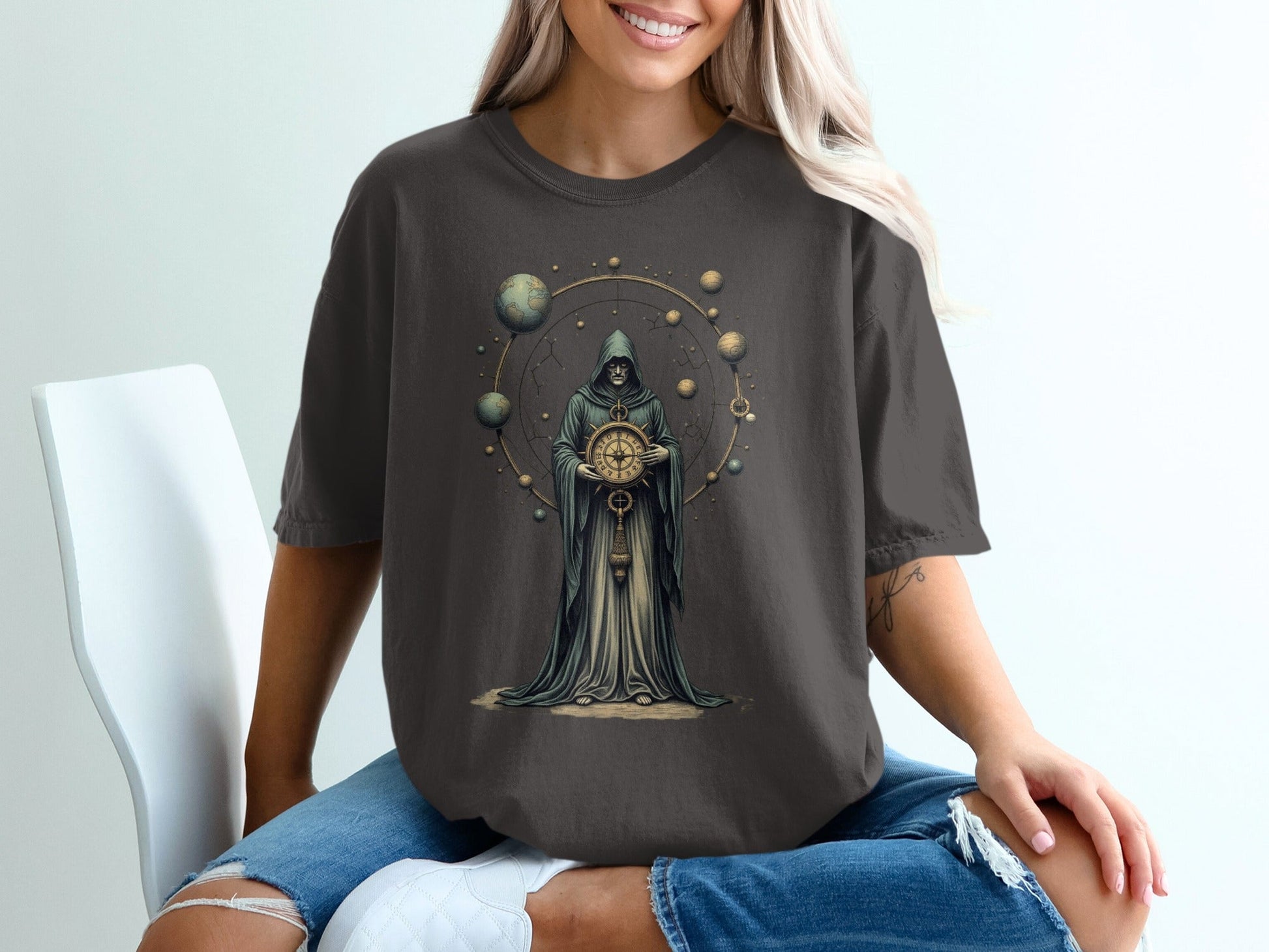 Grim Reaper Holding Compass and Planets Graphic T-Shirt - IconVexa