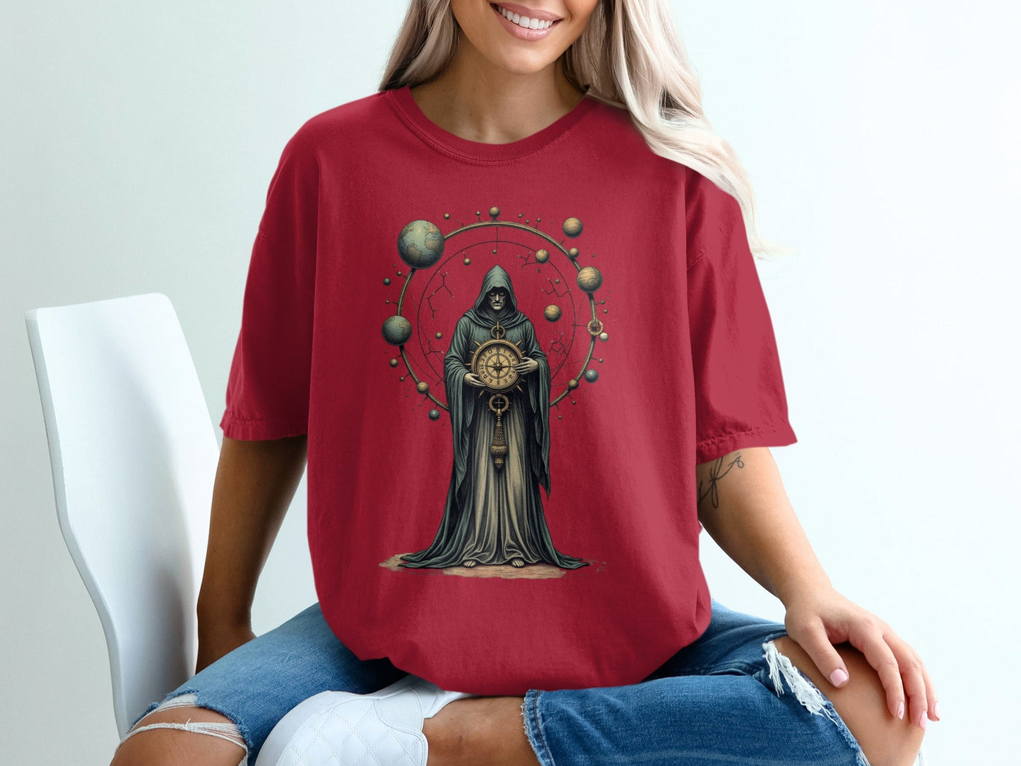 Grim Reaper Holding Compass and Planets Graphic T-Shirt - IconVexa
