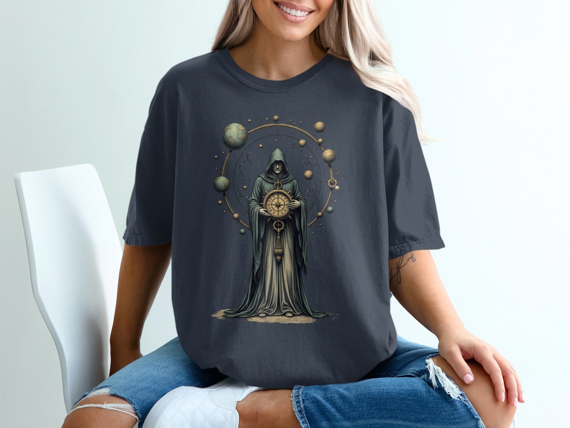 Grim Reaper Holding Compass and Planets Graphic T-Shirt - IconVexa