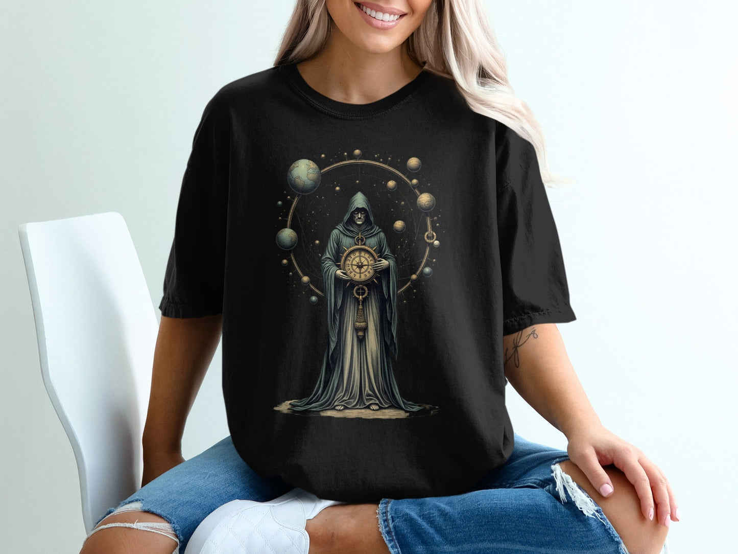 Grim Reaper Holding Compass and Planets Graphic T-Shirt - IconVexa