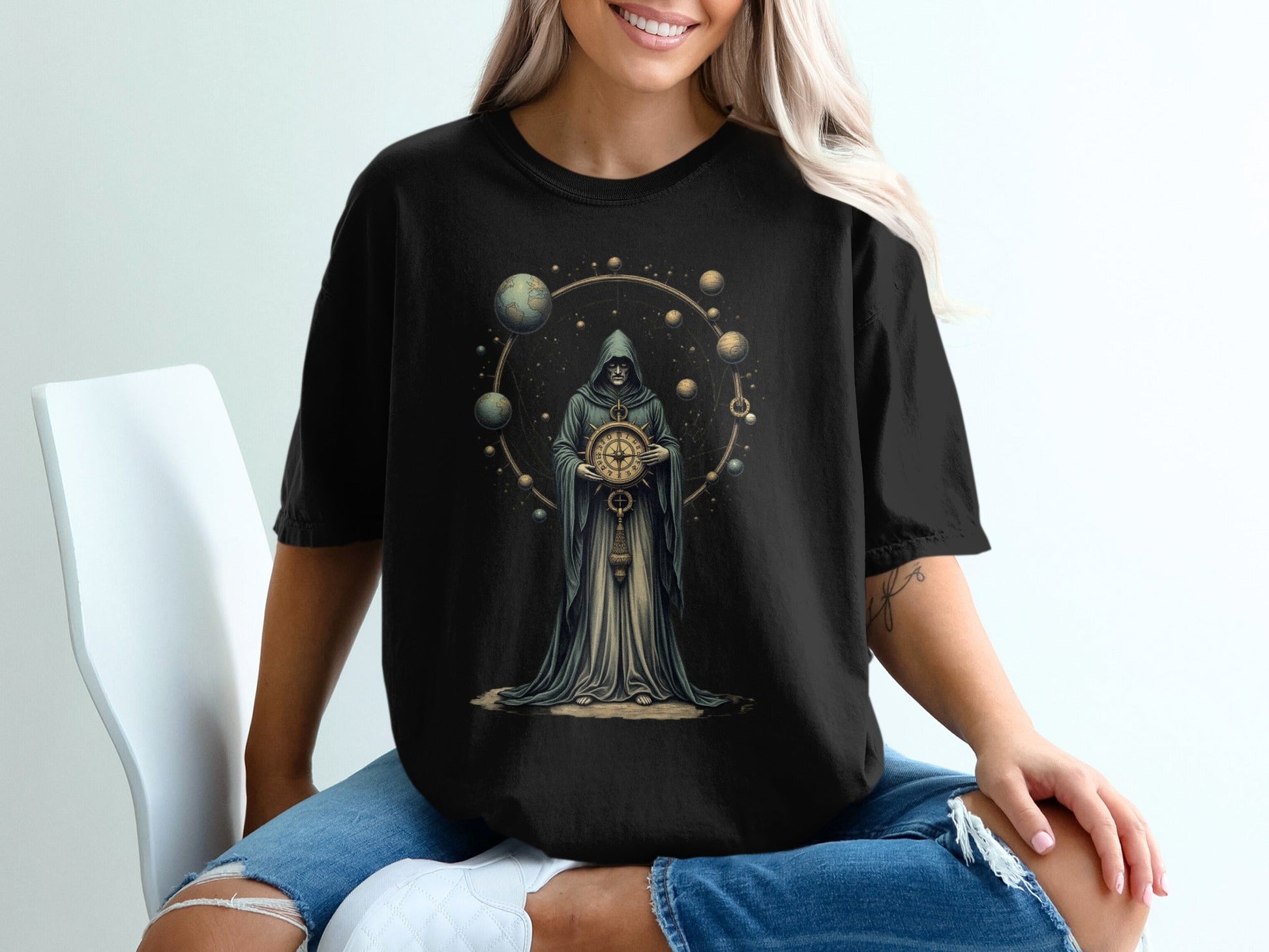 Grim Reaper Holding Compass and Planets Graphic T-Shirt - IconVexa
