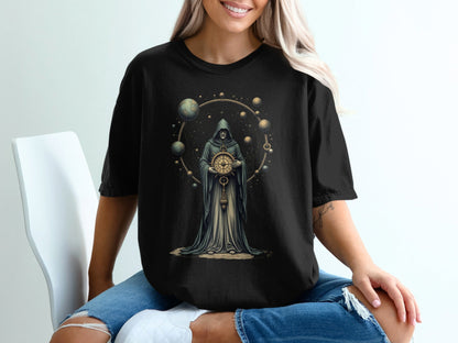 Grim Reaper Holding Compass and Planets Graphic T-Shirt - IconVexa