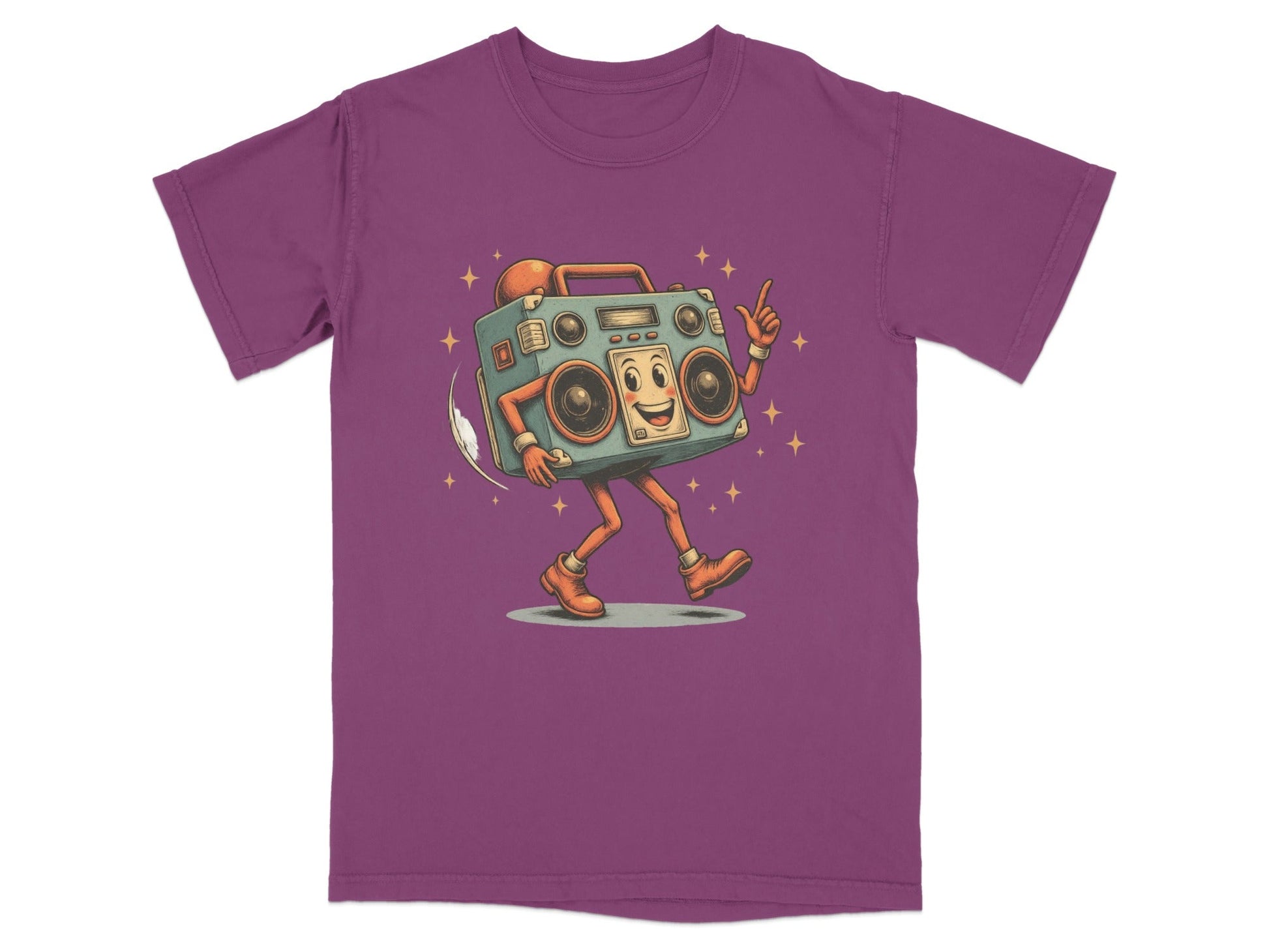 Groovy retro boombox character graphic t-shirt in purple, featuring a dancing boombox with joyful expression.