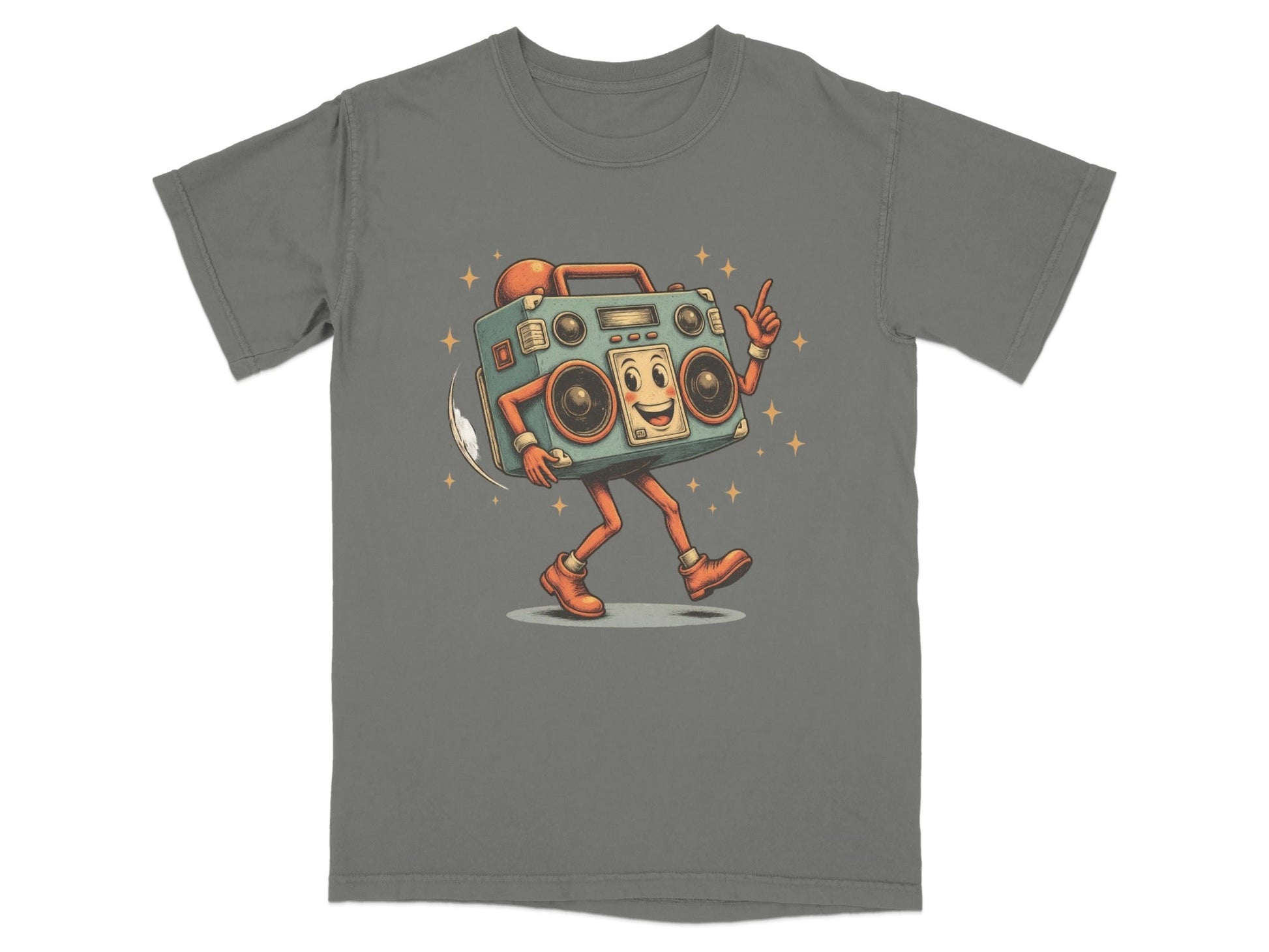 Retro dancing boombox character graphic on a gray t-shirt, perfect for music lovers and vintage style enthusiasts.