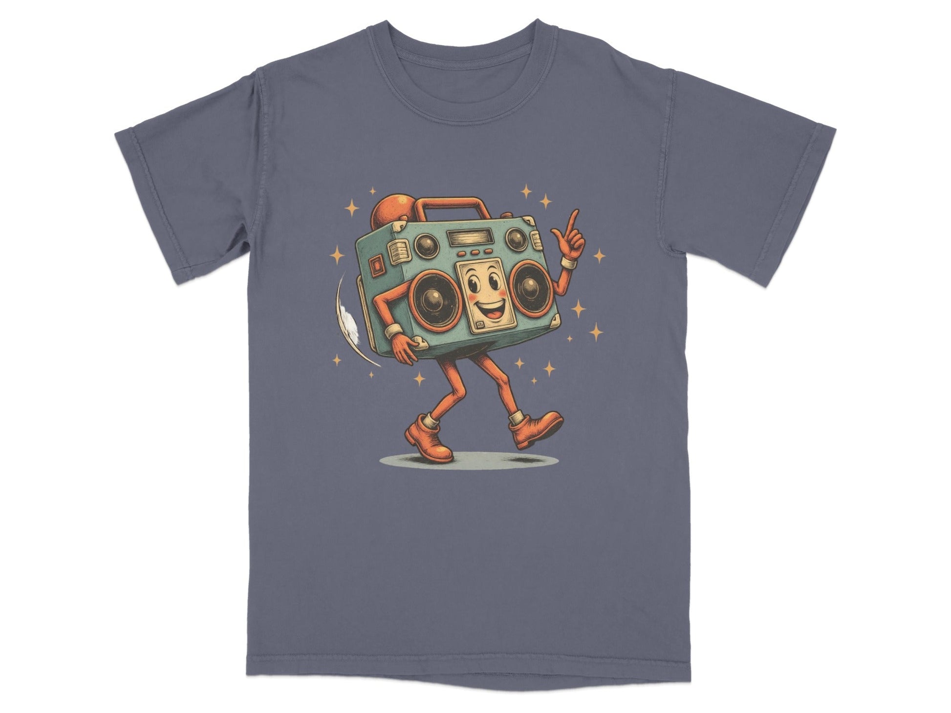 Dancing boombox character graphic t-shirt in blue, adding retro flair to your wardrobe.