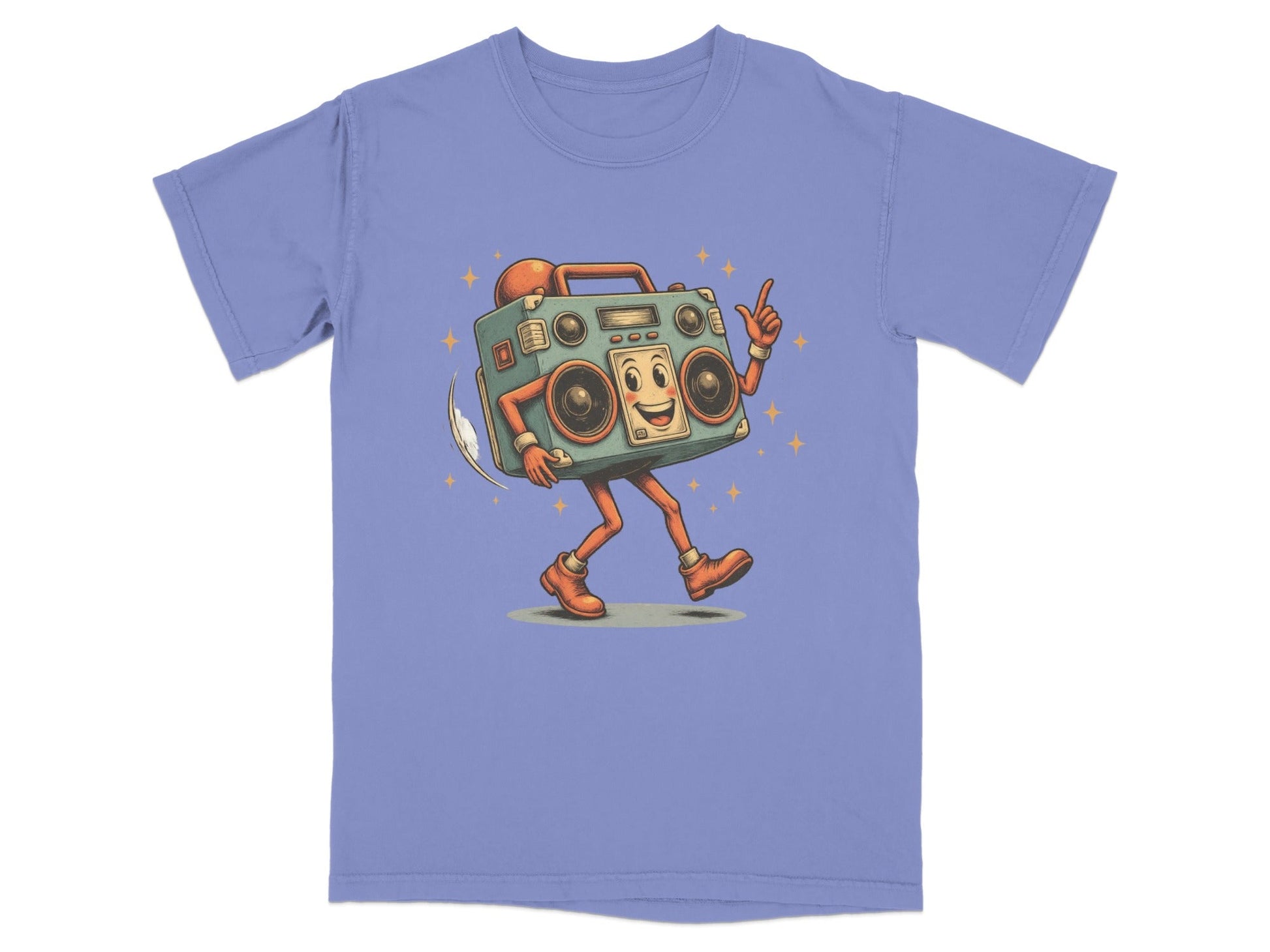Retro dancing boombox character graphic t-shirt in lavender color, featuring a fun, vibrant design.