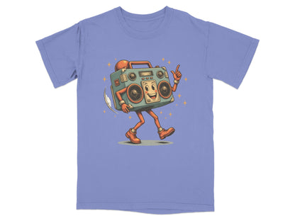 Retro dancing boombox character graphic t-shirt in lavender color, featuring a fun, vibrant design.