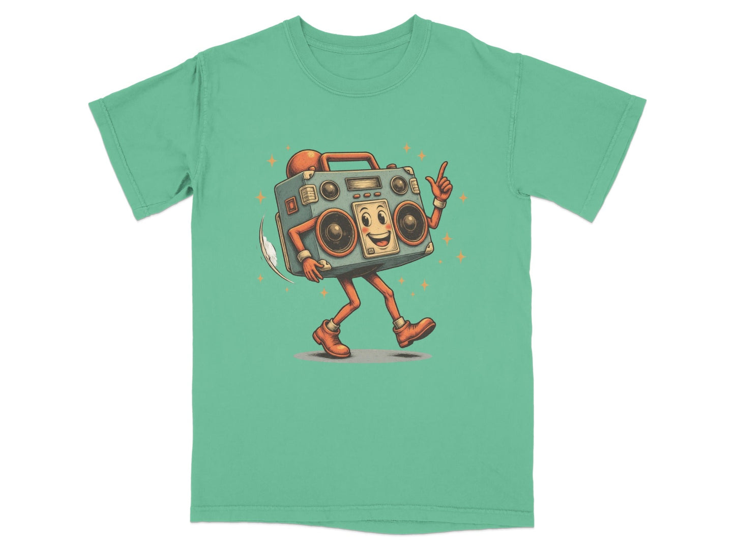 Retro dancing boombox graphic t-shirt in mint green for a fun vintage look.