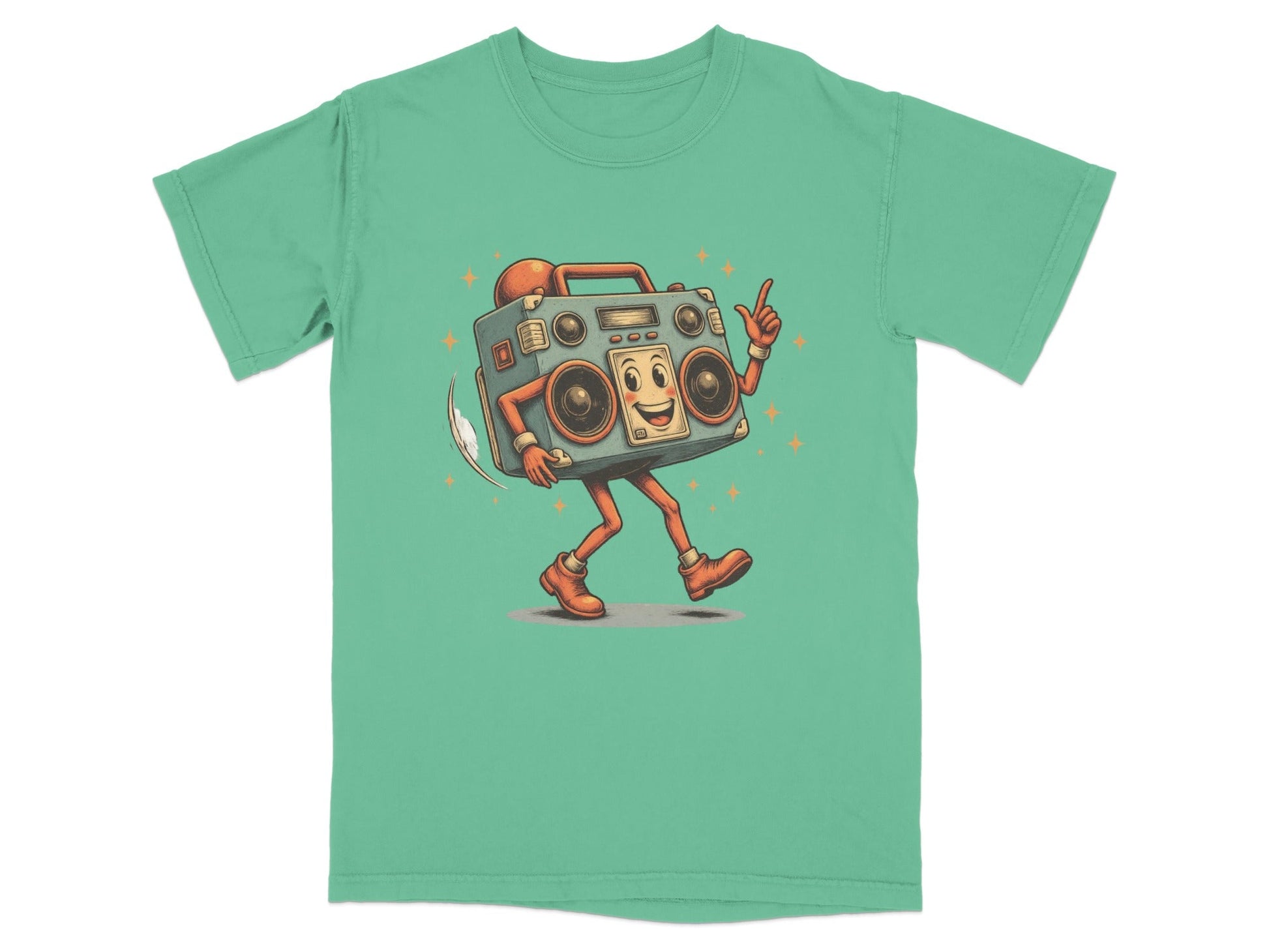 Retro dancing boombox graphic t-shirt in mint green for a fun vintage look.