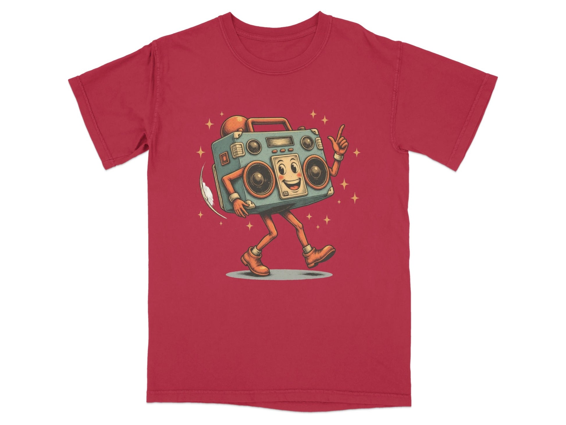 Groovy red t-shirt featuring a dancing boombox character with a fun, vintage design and relaxed fit.