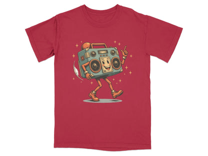 Groovy red t-shirt featuring a dancing boombox character with a fun, vintage design and relaxed fit.