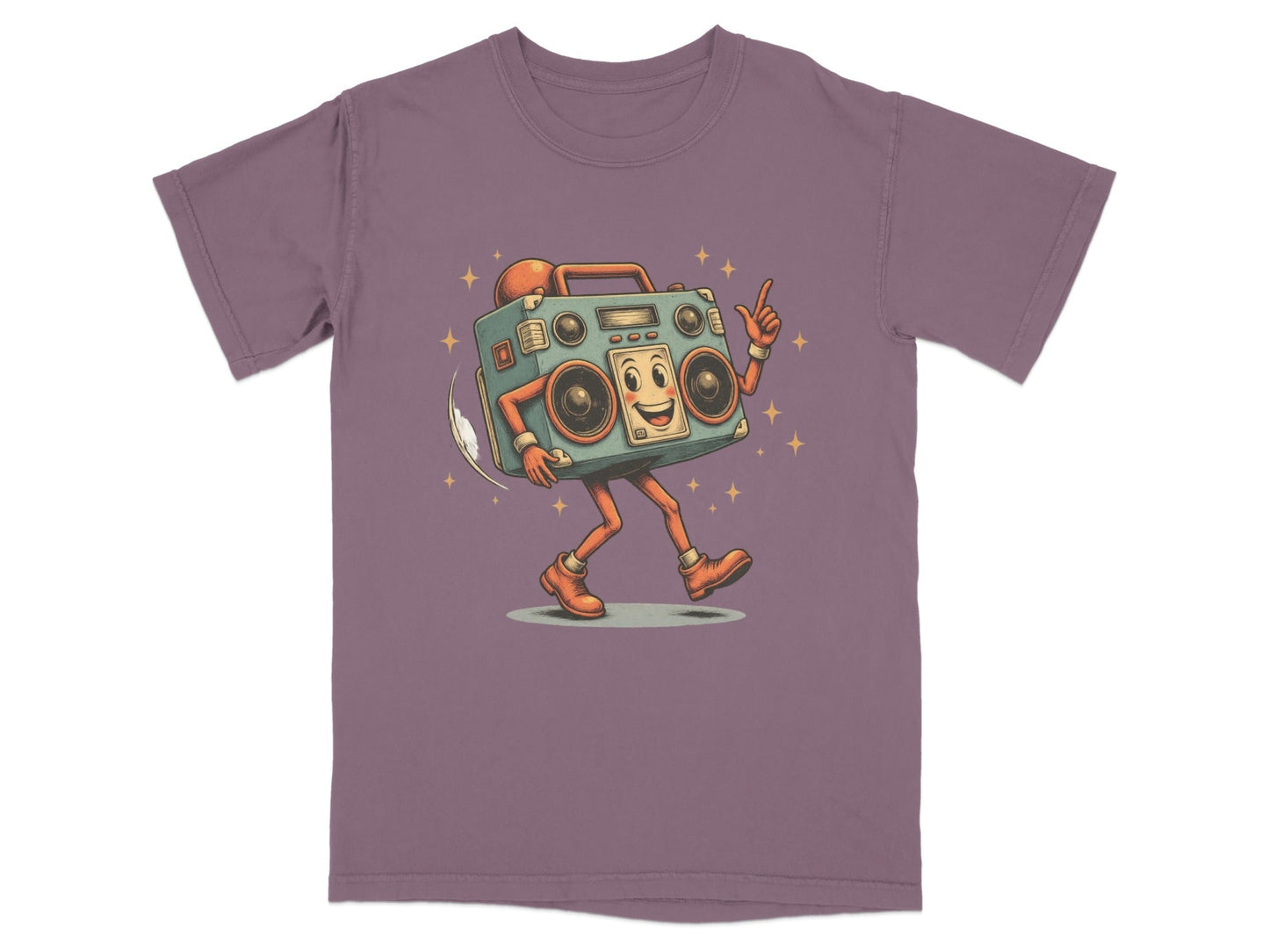 Retro boombox character graphic t-shirt in purple, featuring a dancing character with vintage flair.