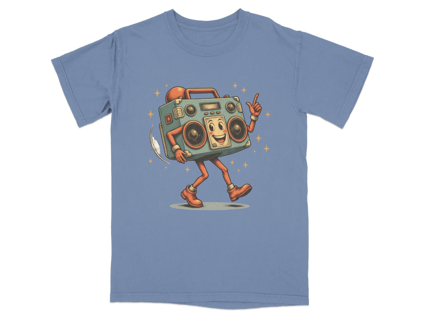 Retro dancing boombox character graphic on a blue t-shirt, perfect for adding vintage flair to your wardrobe.