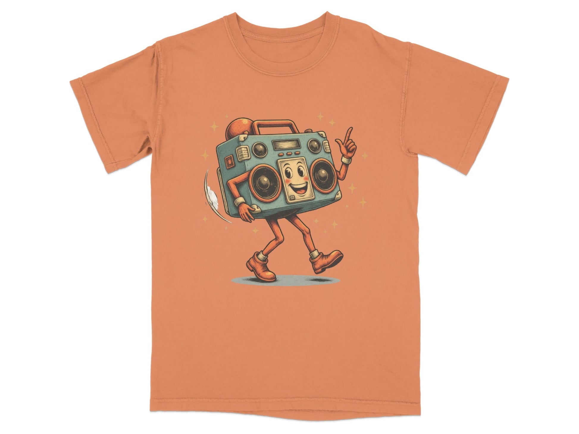 Dancing boombox character graphic on a retro orange t-shirt for a fun vintage style.