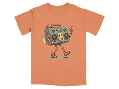 Dancing boombox character graphic on a retro orange t-shirt for a fun vintage style.
