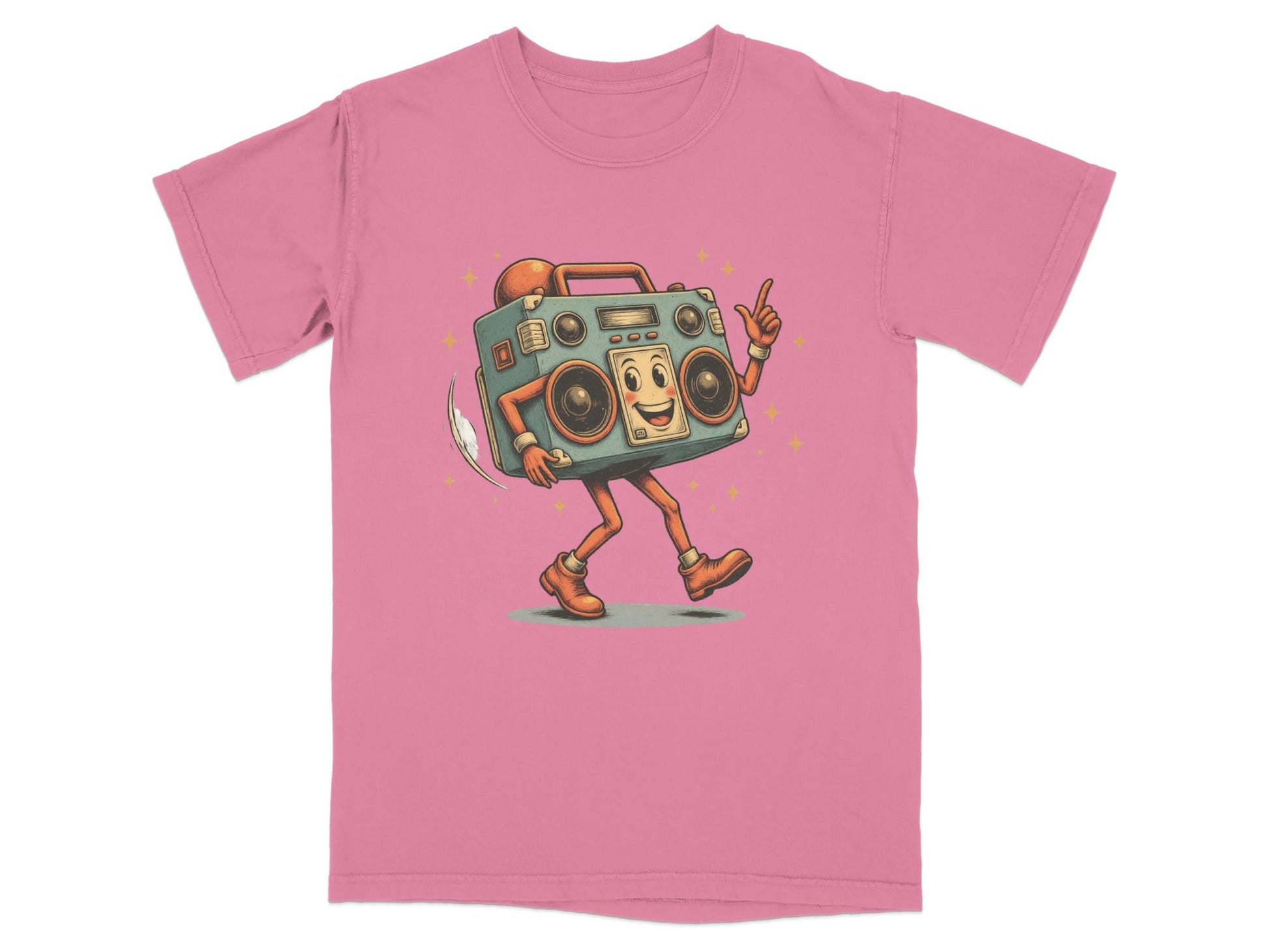 Dancing boombox character graphic on pink t-shirt, showcasing retro music style and vintage flair.
