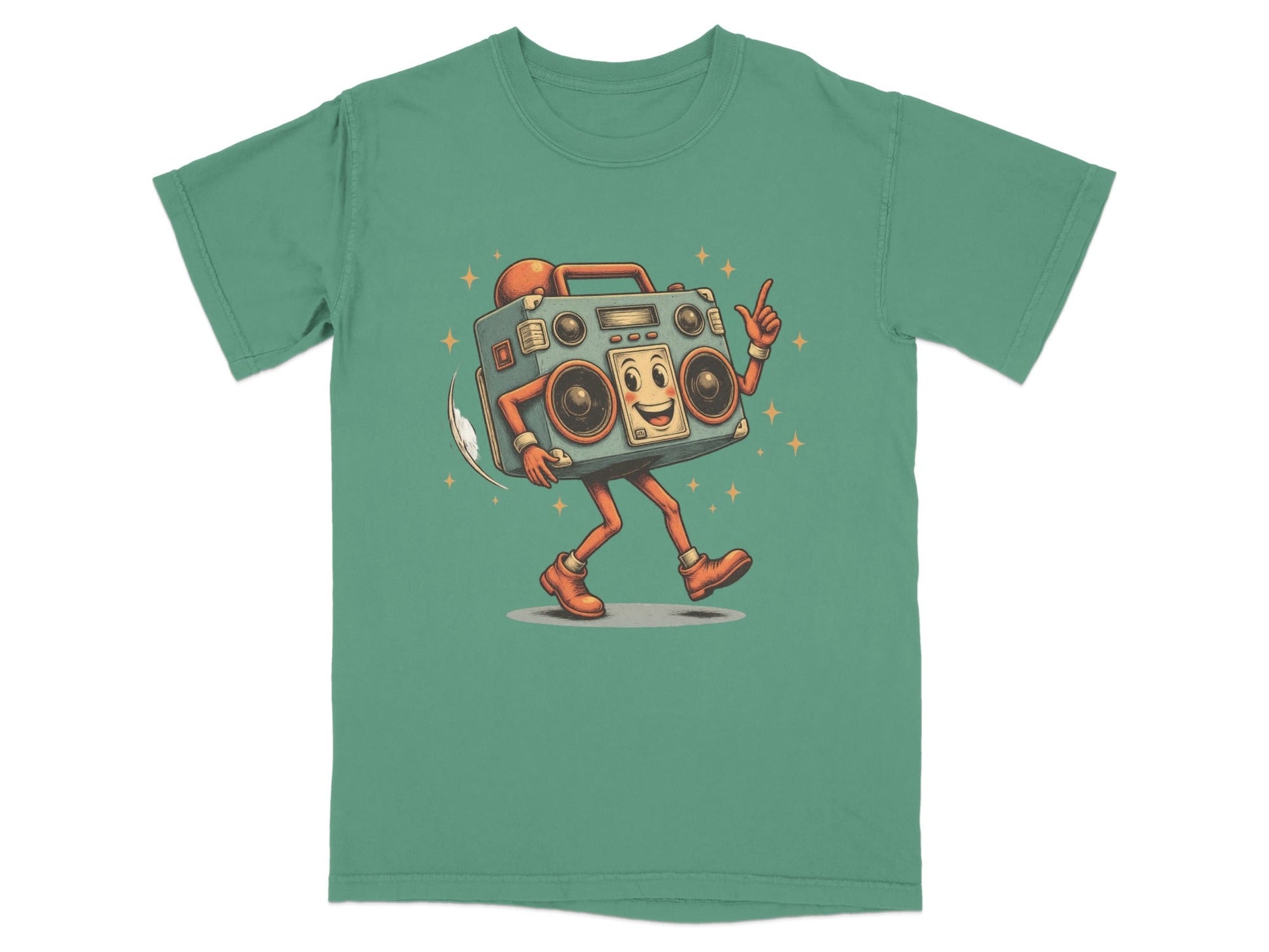 Retro graphic t-shirt featuring a dancing boombox character, perfect for adding vintage flair to your wardrobe.