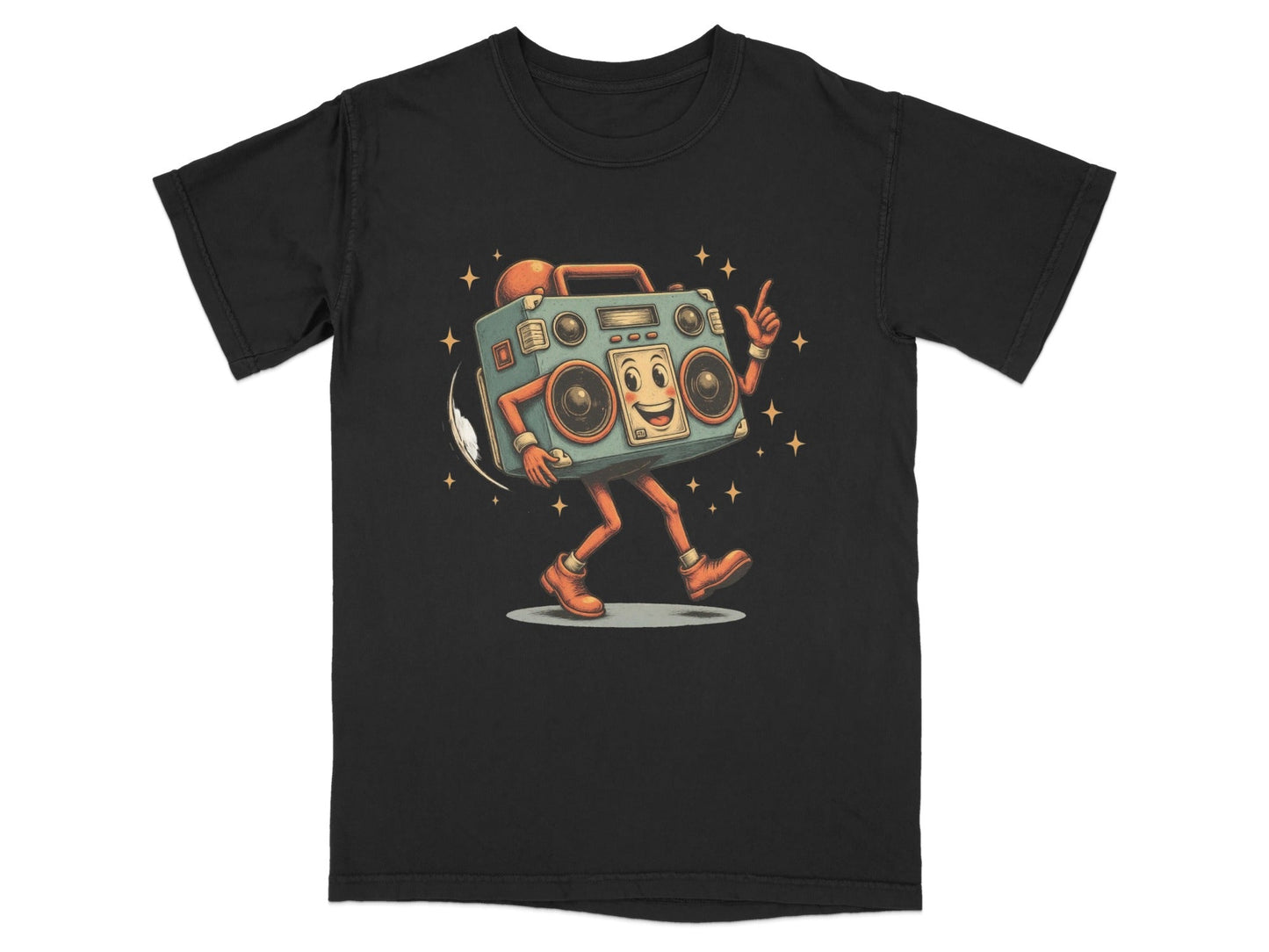 Retro dancing boombox graphic t-shirt with fun character design, perfect for adding vintage flair to your wardrobe.