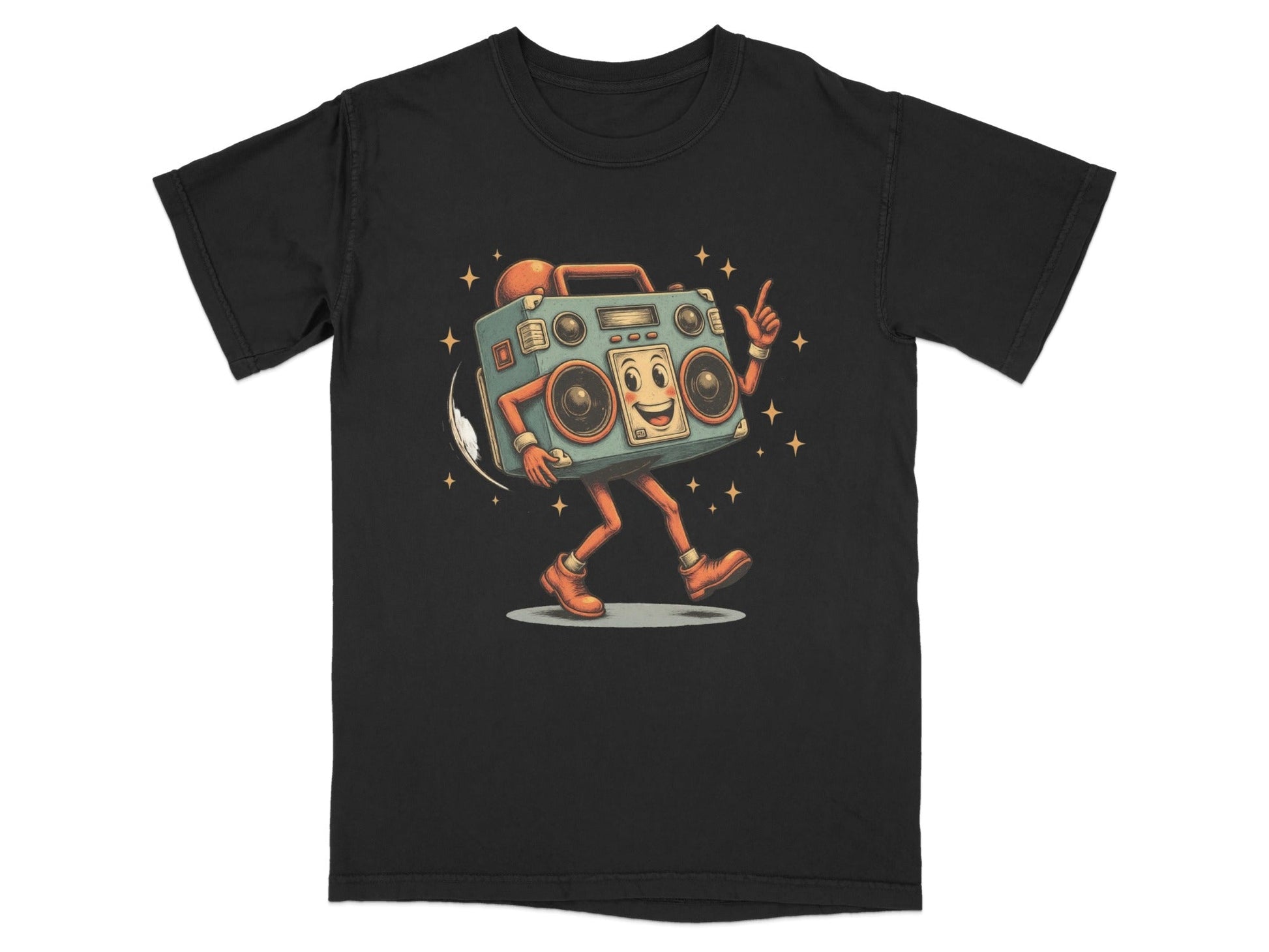 Retro dancing boombox graphic t-shirt with fun character design, perfect for adding vintage flair to your wardrobe.
