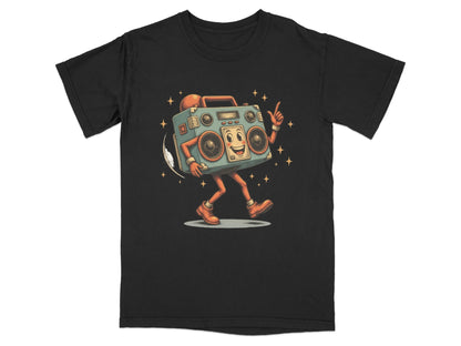 Retro dancing boombox graphic t-shirt with fun character design, perfect for adding vintage flair to your wardrobe.