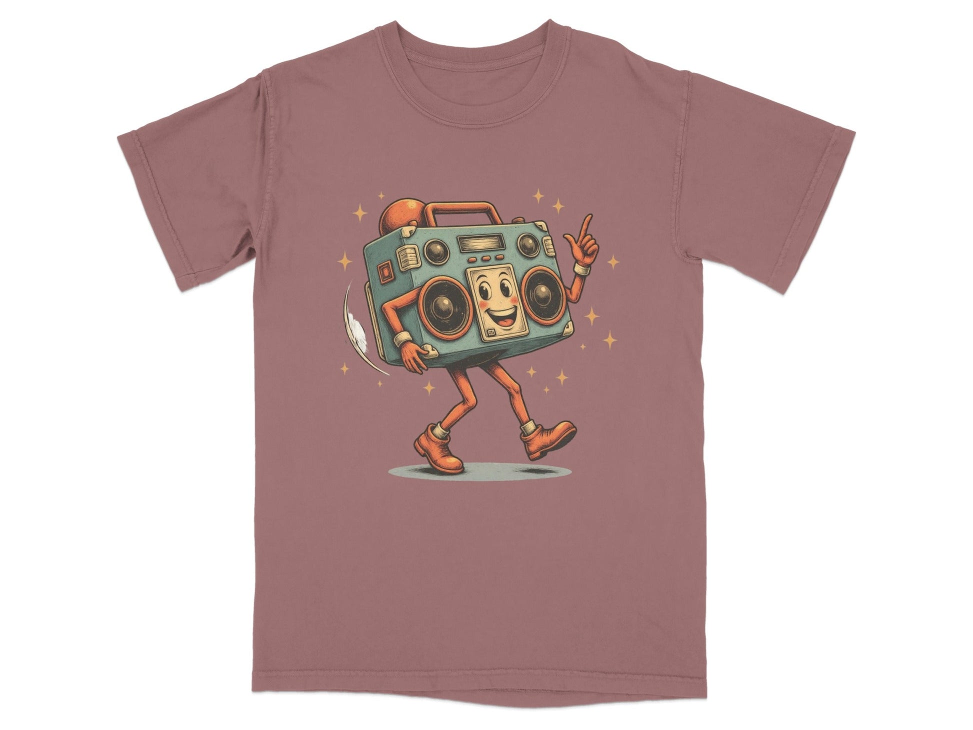 Retro boombox graphic t-shirt featuring a dancing character, perfect for vintage style enthusiasts.