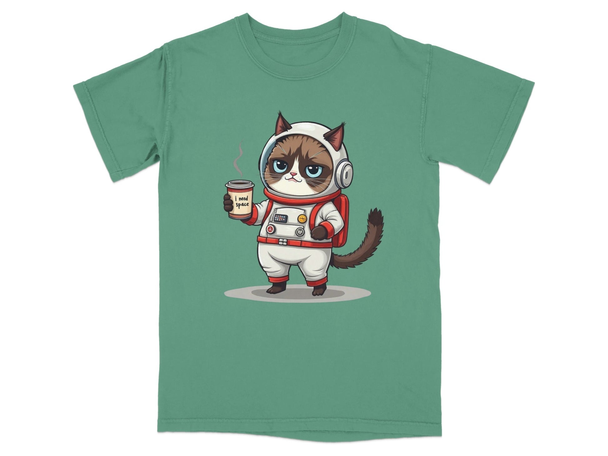 Grumpy astronaut cat t-shirt design with humorous 'I need space' phrase, perfect for cat lovers and space enthusiasts.