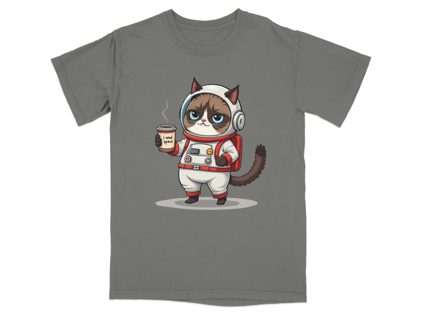 Grumpy astronaut cat t-shirt featuring cute design with coffee cup and 'I need space' text.