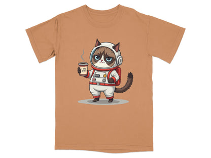 Cute grumpy astronaut cat in a spacesuit holding coffee on a t-shirt with 'I need space' graphic design.