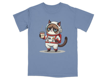 Grumpy astronaut cat holding coffee in a space suit, featured on a blue t-shirt for cat lovers.