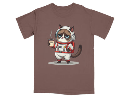 Grumpy astronaut cat t-shirt design with coffee, featuring the quote "I need space" on a brown tee.