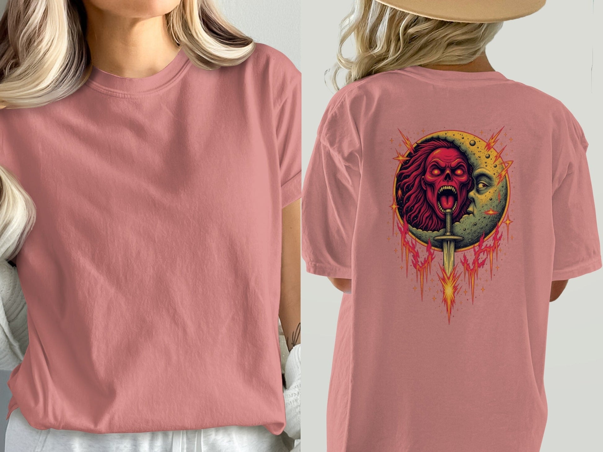 Half Moon with Skeleton Sword Fantasy Graphics Back T-Shirt - IconVexa