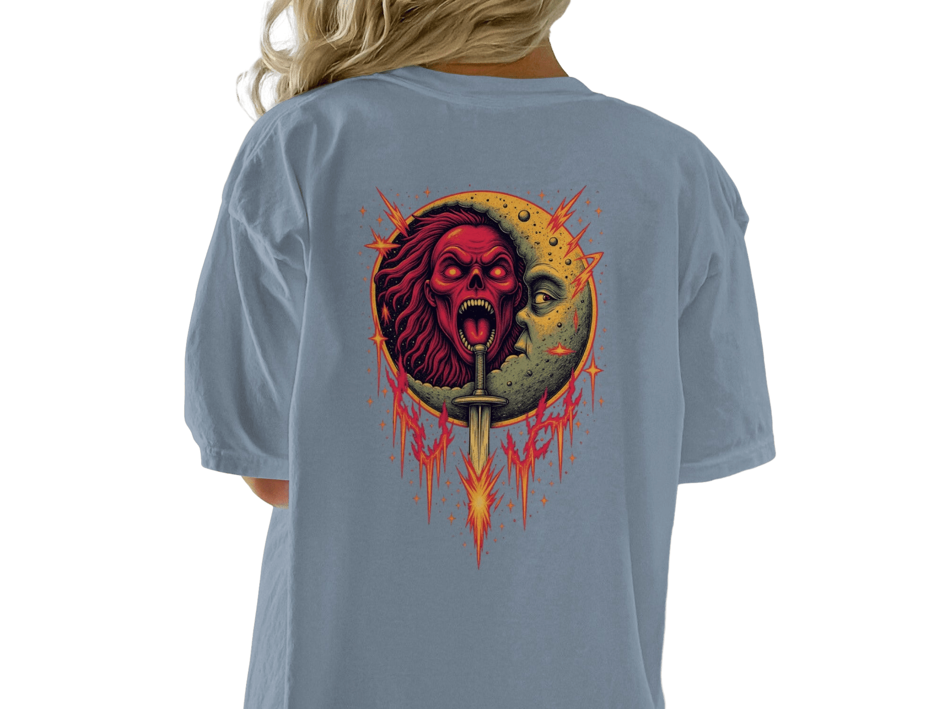 Half Moon with Skeleton Sword Fantasy Graphics Back T-Shirt - IconVexa