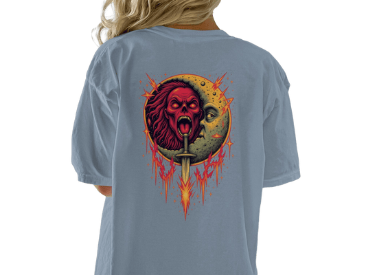 Half Moon with Skeleton Sword Fantasy Graphics Back T-Shirt - IconVexa