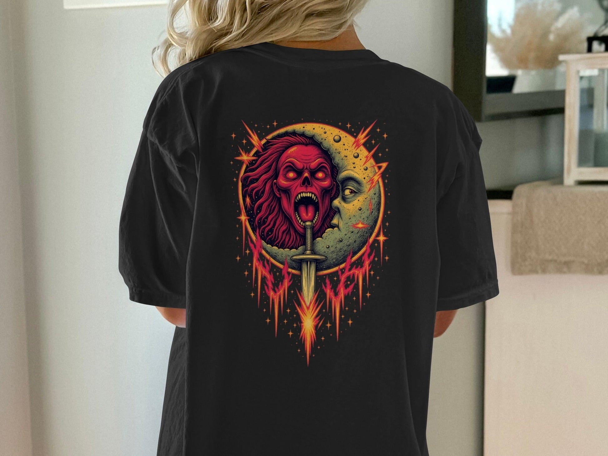 Half Moon with Skeleton Sword Fantasy Graphics Back T-Shirt - IconVexa